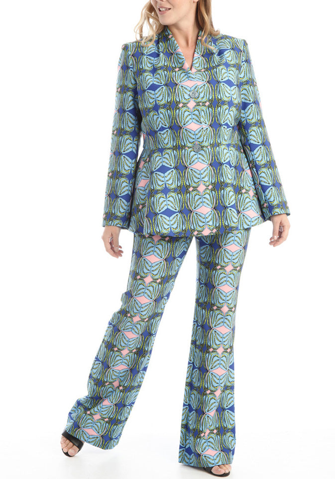 Completo giacca e pantalone a zampa in cady stretch stampato Tg 46