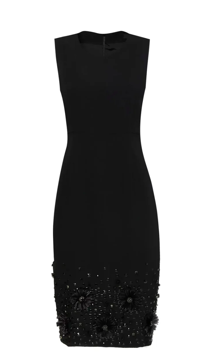 Abito a tubino in cady con pietre e piume sul fondo Tg 36