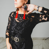 SOFT dress - Vestito con scollo a barchetta lungo con maniche a 3/4 in tulle ricamato nero
