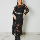 SOFT dress - Vestito con scollo a barchetta lungo con maniche a 3/4 in tulle ricamato nero