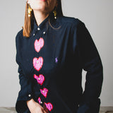 104 Camicia Vintage Re-fashion nera RL TG S con cuori dipinti a mano