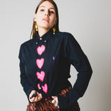 104 Camicia Vintage Re-fashion nera RL TG S con cuori dipinti a mano