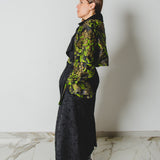 10 - Trench sartoriale oversize " WATSON" - Pezzo Unico - nero in jaquard - lungo con maniche broccato verde