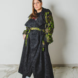10 - Trench sartoriale oversize " WATSON" - Pezzo Unico - nero in jaquard - lungo con maniche broccato verde