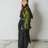 10 - Trench sartoriale oversize " WATSON" - Pezzo Unico - nero in jaquard - lungo con maniche broccato verde