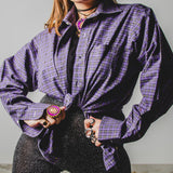 112 - Camicia viola Vintage con quadretti verdi RL tg L/XL con strass verdi circa 800