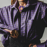 112 - Camicia viola Vintage con quadretti verdi RL tg L/XL con strass verdi circa 800