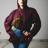 119 Camicia a quadretti bordeaux  Ralph Lauren TG L-XL con ricamo a mano "ANCHE MENO" verde
