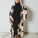 Long tailored kimono in black sequins with embroidered flowers