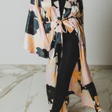 Long tailored kimono in black sequins with embroidered flowers