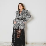 FUCHSIA JACQUARD BOMBER STYLE JACKET - REVERSIBLE IN BLACK VELVET FABRIC - CONTRASTING POCKETS