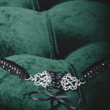 122 Collana chocker 100% Handmade con passamaneria nera e centrale stile corsetto argento con nastrini