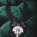 124 Collana 100% Handmade con passamaneria nera e cuore centrale in pelle nera con croce argento