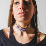 133 Choker Artigianale Dipinto e Ricamato a Mano – Pezzo Unico con Paillettes Rosa - Blu