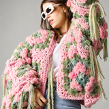 13 - Cardigan Grace - couture artigianale in lana rosa e verde – Pezzo unico tg 48/50