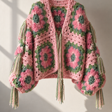 13 - Cardigan Grace - couture artigianale in lana rosa e verde – Pezzo unico tg 48/50