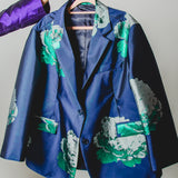 FUCHSIA JACQUARD BOMBER STYLE JACKET - REVERSIBLE IN BLACK VELVET FABRIC - CONTRASTING POCKETS