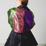 13 - Trench sartoriale oversize " WATSON" - Pezzo Unico - nero in jaquard - corto con maniche broccato verde  viola rosa