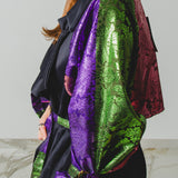13 - Trench sartoriale oversize " WATSON" - Pezzo Unico - nero in jaquard - corto con maniche broccato verde  viola rosa
