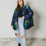 FUCHSIA JACQUARD BOMBER STYLE JACKET - REVERSIBLE IN BLACK VELVET FABRIC - CONTRASTING POCKETS