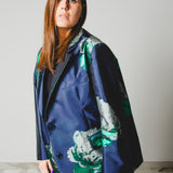 FUCHSIA JACQUARD BOMBER STYLE JACKET - REVERSIBLE IN BLACK VELVET FABRIC - CONTRASTING POCKETS