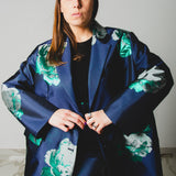 FUCHSIA JACQUARD BOMBER STYLE JACKET - REVERSIBLE IN BLACK VELVET FABRIC - CONTRASTING POCKETS
