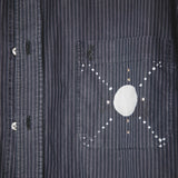144 Camicia blu gessata  taglio maschile YSL con dipinto sulla schiena  TG L serpenti attorcigliati con strass
