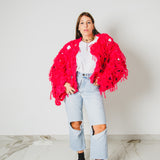14 - NUBE GRACE – Cardigan Oversize Fatto a Mano in Lana e Mohair Rosso e Rosa con Frange – Taglia Unica