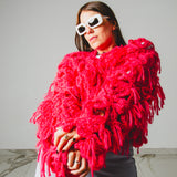 14 - NUBE GRACE – Cardigan Oversize Fatto a Mano in Lana e Mohair Rosso e Rosa con Frange – Taglia Unica
