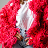 14 - NUBE GRACE – Cardigan Oversize Fatto a Mano in Lana e Mohair Rosso e Rosa con Frange – Taglia Unica