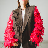 14 - NUBE GRACE – Cardigan Oversize Fatto a Mano in Lana e Mohair Rosso e Rosa con Frange – Taglia Unica