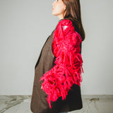 14 - NUBE GRACE – Cardigan Oversize Fatto a Mano in Lana e Mohair Rosso e Rosa con Frange – Taglia Unica