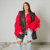 14 - NUBE GRACE – Cardigan Oversize Fatto a Mano in Lana e Mohair Rosso e Rosa con Frange – Taglia Unica