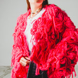 14 - NUBE GRACE – Cardigan Oversize Fatto a Mano in Lana e Mohair Rosso e Rosa con Frange – Taglia Unica