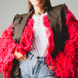 14 - NUBE GRACE – Cardigan Oversize Fatto a Mano in Lana e Mohair Rosso e Rosa con Frange – Taglia Unica
