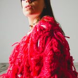 14 - NUBE GRACE – Cardigan Oversize Fatto a Mano in Lana e Mohair Rosso e Rosa con Frange – Taglia Unica
