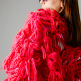 14 - NUBE GRACE – Cardigan Oversize Fatto a Mano in Lana e Mohair Rosso e Rosa con Frange – Taglia Unica