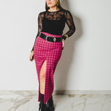 5 - ALMA Skirt – Gonna couture sartoriale in viscosa principe di Galles nero e rosa   TG 1 - 38/40