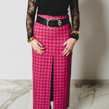 5 - ALMA Skirt – Gonna couture sartoriale in viscosa principe di Galles nero e rosa   TG 1 - 38/40
