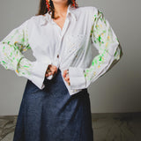 150 Camicia vintage bianca taglio maschile YSL con dipinto sulla schiena TG M - Serpenti con strass