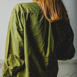 157 Camicia vintage verde taglio maschile RL con strass rosa circa 800 TG S/M