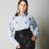 159 Camicia vintage azzurra  RL con orsetti e strass TG S/M
