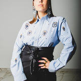 159 Camicia vintage azzurra  RL con orsetti e strass TG S/M