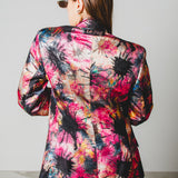 FUCHSIA JACQUARD BOMBER STYLE JACKET - REVERSIBLE IN BLACK VELVET FABRIC - CONTRASTING POCKETS