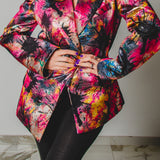 FUCHSIA JACQUARD BOMBER STYLE JACKET - REVERSIBLE IN BLACK VELVET FABRIC - CONTRASTING POCKETS