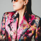 FUCHSIA JACQUARD BOMBER STYLE JACKET - REVERSIBLE IN BLACK VELVET FABRIC - CONTRASTING POCKETS