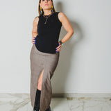 15 - ALMA Skirt – Gonna couture sartoriale in cotone gessata color nocciola     TG 2 - 40/42