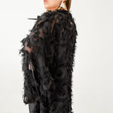 Long tailored kimono in black sequins with embroidered flowers