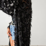 Long tailored kimono in black sequins with embroidered flowers