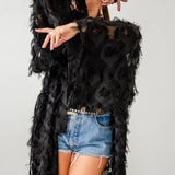 Long tailored kimono in black sequins with embroidered flowers